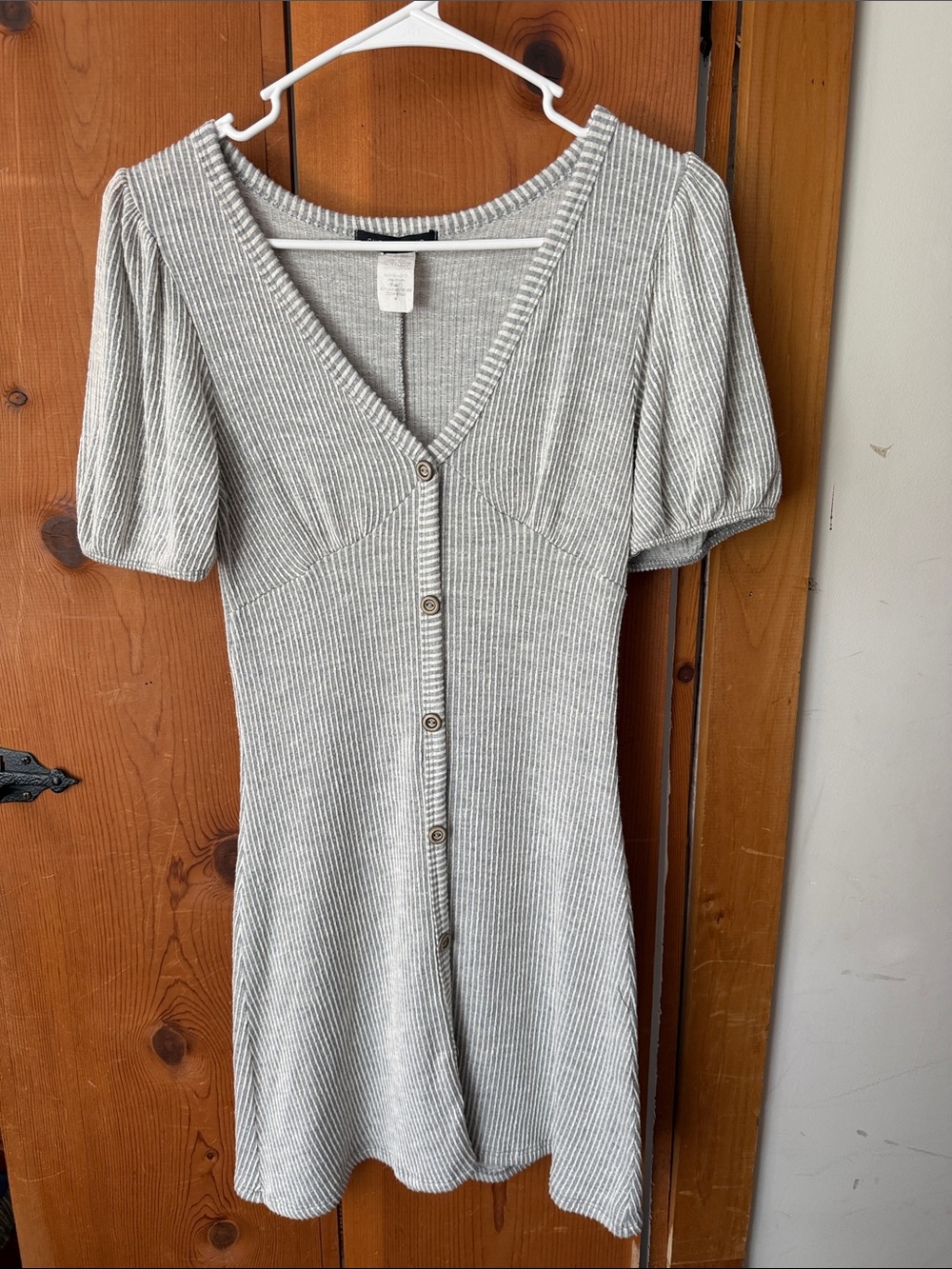 Caution To The Wind Light Gray Ribbed V-Neck Button-Front Mini Dress